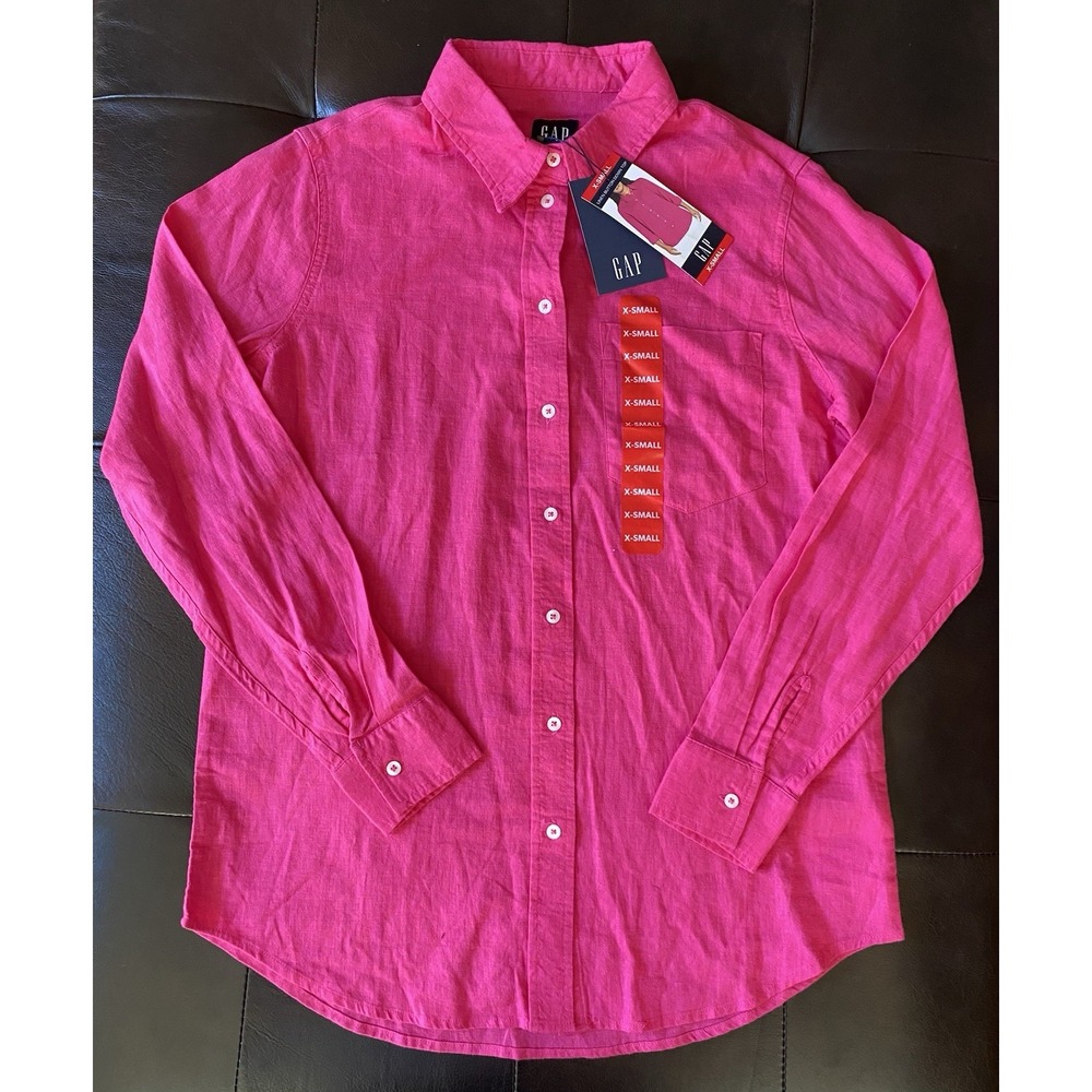 GAP Linen Blend‎ Button Up Shirt Womens XS Hot Pink Long Sleeve Tunic Top Beachy - Picture 4 of 16